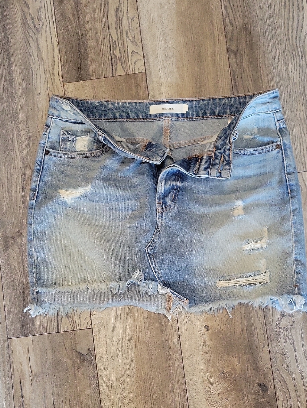 Hidden Light Blue Distressed Denim Mini Skirt